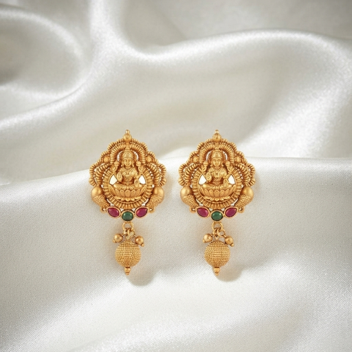 Traditional Antique Gold-Plated Lakshmi Stud Earrings with Ruby & Emerald Stones
