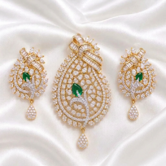 Luxurious Emerald Green & White CZ Statement Pendant with Earrings | Indo-Western Festive Wear Jewelry Set