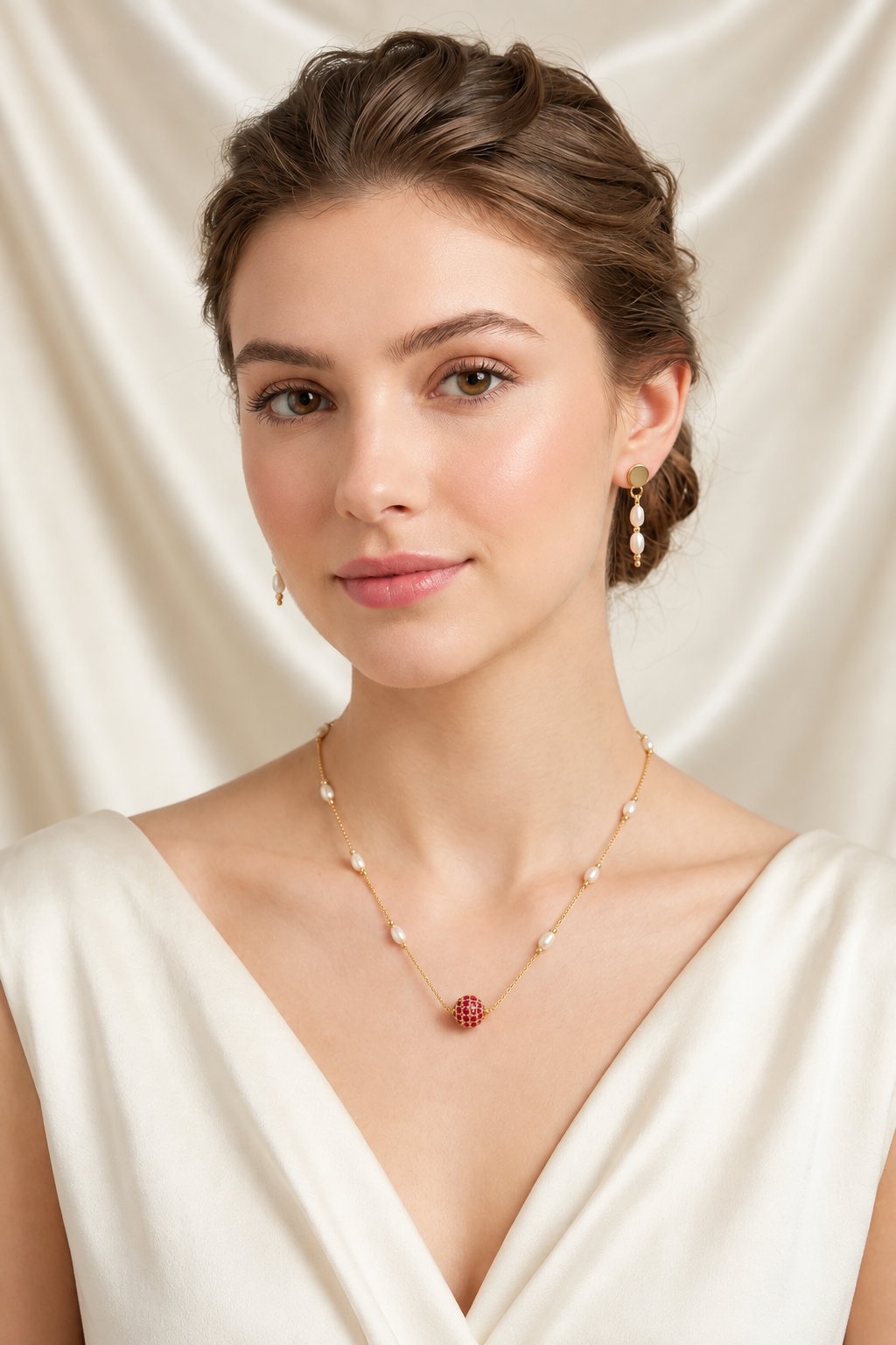 Gold Pearl Necklace & Earring Set with Ruby Bead , Delicate Freshwater Pearl