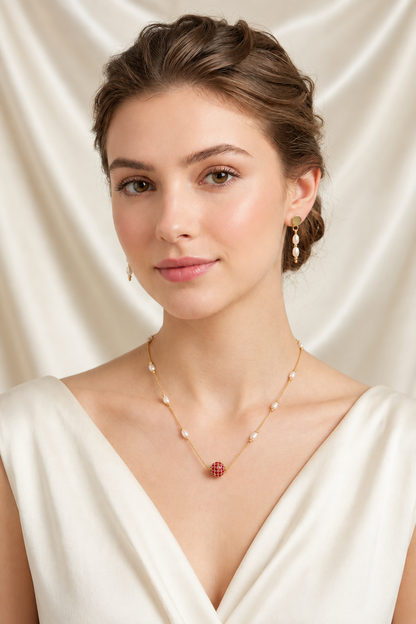 Gold Pearl Necklace & Earring Set with Ruby Bead , Delicate Freshwater Pearl