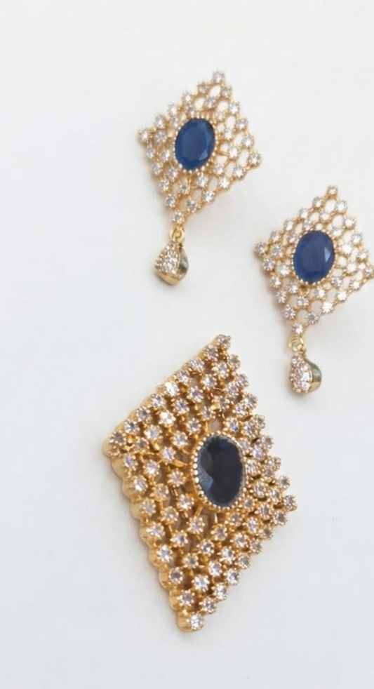 Gold-Plated CZ Blue Rhombic Geometric Pendant Set with Earrings