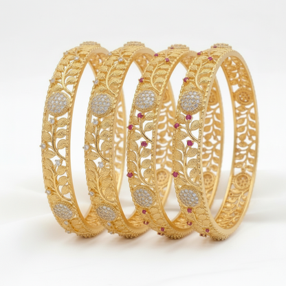 Elegant Gold Floral  & leaf  CZ & Pink Stone Designer Bangle Set