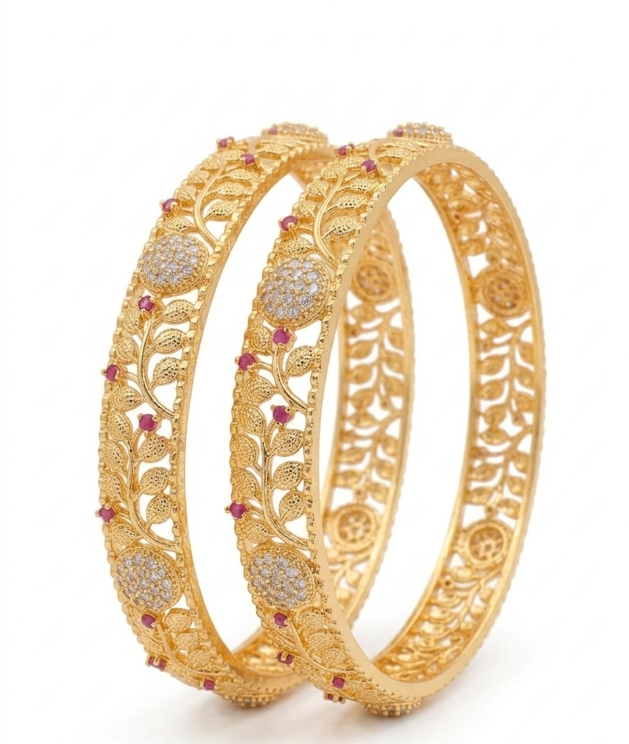 Elegant Gold Floral  & leaf  CZ & Pink Stone Designer Bangle Set