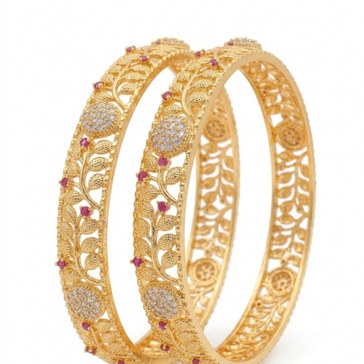 Elegant Gold Floral  & leaf  CZ & Pink Stone Designer Bangle Set