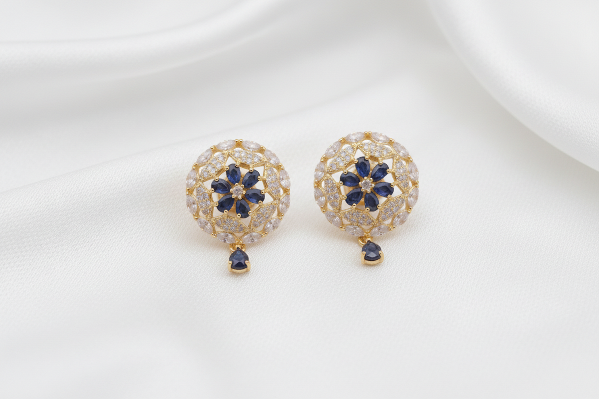 Gold-Plated CZ Dark Blue Dome Dome Design Mugappu Set with Earrings
