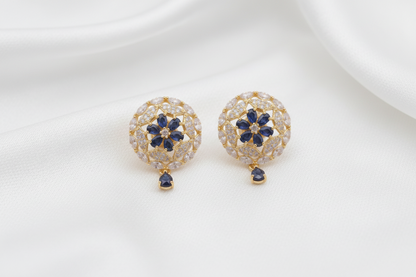 Gold-Plated CZ Dark Blue Dome Dome Design Mugappu Set with Earrings