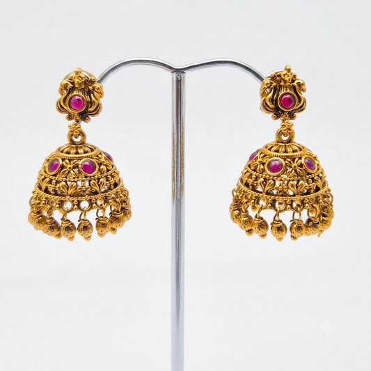 Antique Gold Plated Ruby Stone Jhumka Earrings