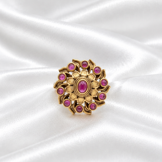 Antique Gold Tone Cluster Statement Ring with Ruby-Red Stones