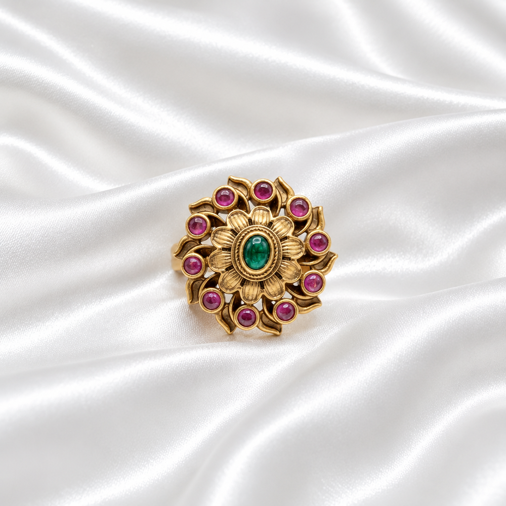 Antique Gold Tone Cluster Statement Ring with Ruby-Red Stones