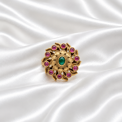 Antique Gold Tone Cluster Statement Ring with Ruby-Red Stones