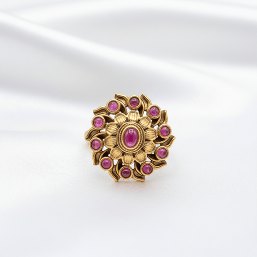 Antique Gold Tone Cluster Statement Ring with Ruby-Red Stones