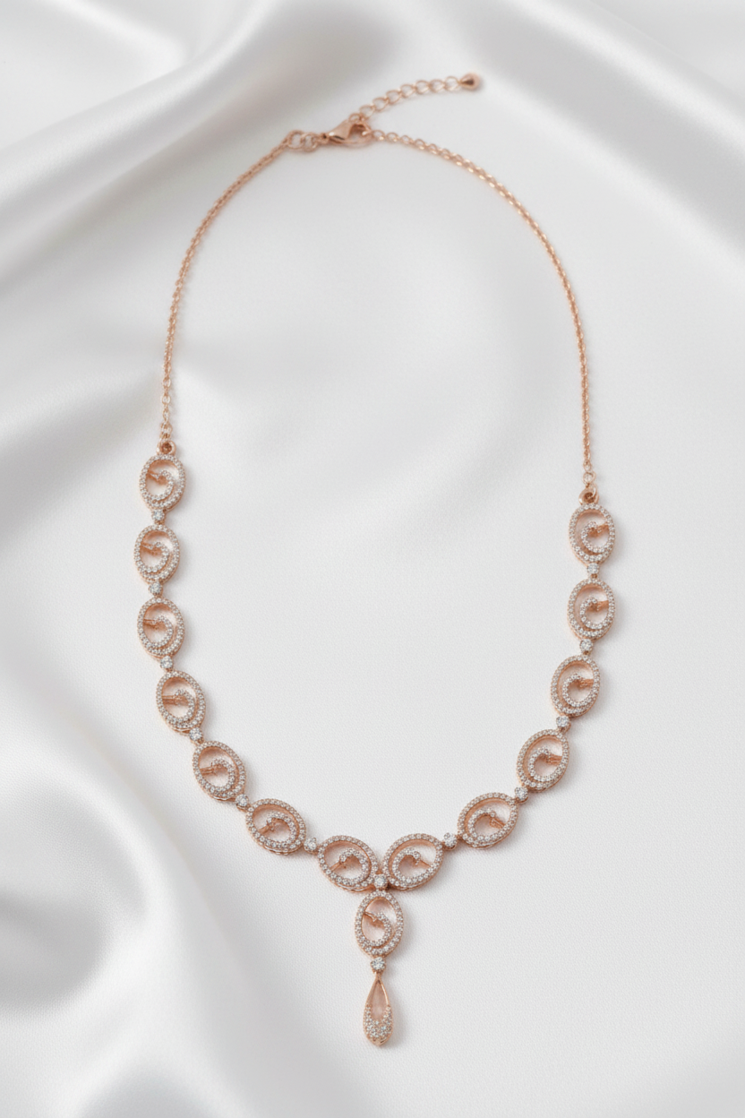 Rhodium-Plated Swirl Pattern Pave Zircon Stone Necklace and Earrings Set