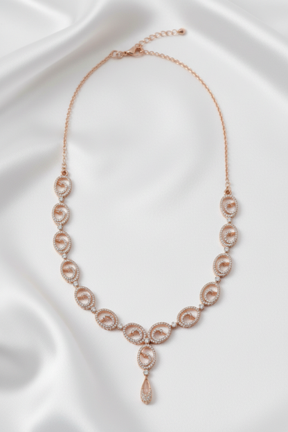 Rhodium-Plated Swirl Pattern Pave Zircon Stone Necklace and Earrings Set