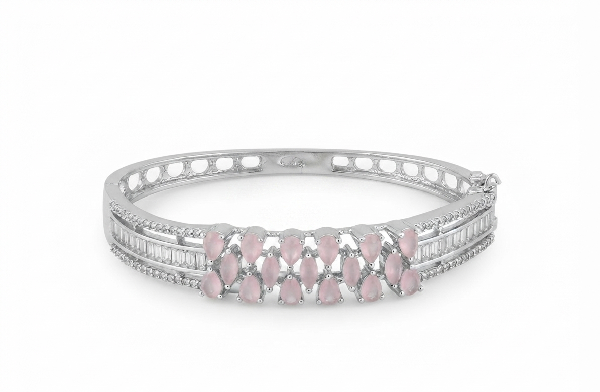 Pink Pear-Cut Zircon Stone Silver-Tone Bracelet | Elegant Crystal Bangle for Women