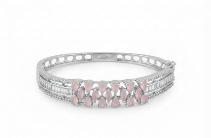 Pink Pear-Cut Zircon Stone Silver-Tone Bracelet | Elegant Crystal Bangle for Women