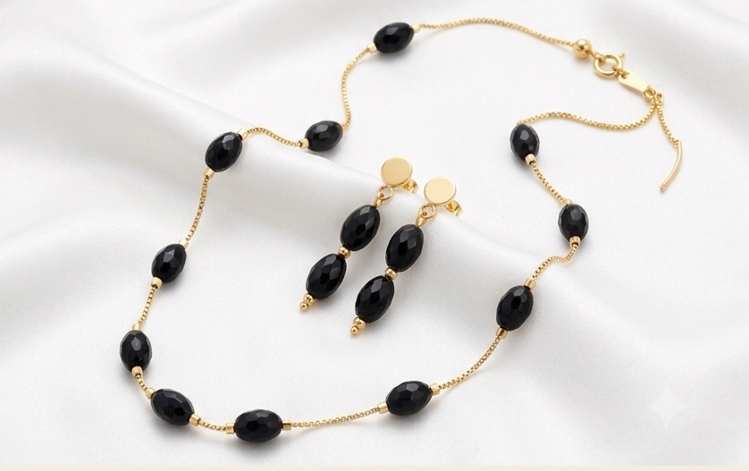 Gold-Plated Black Crystal Bead Chain with Matching Earrings