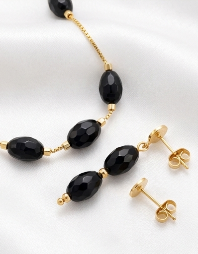 Gold-Plated Black Crystal Bead Chain with Matching Earrings