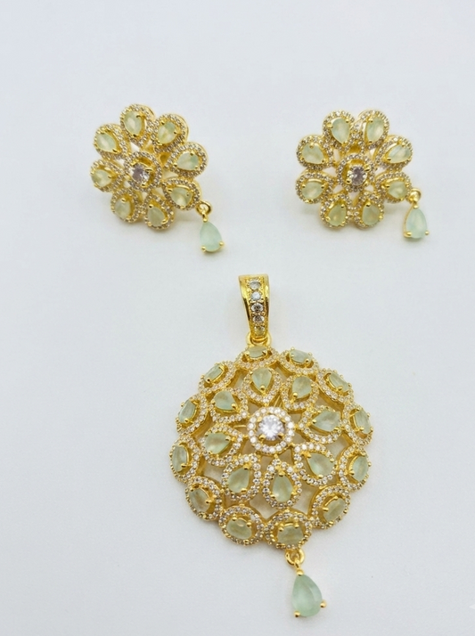 Gold-Plated CZ Mint Green Floral Motif Pendant Set with Earrings