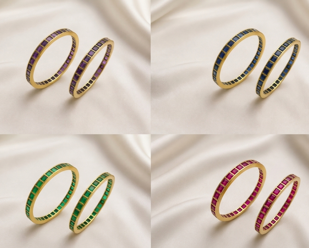 🌈✨4-Color Square Stone Gold Plated Bangles – 💚Emerald, 🩷Ruby Pink, 💙Dark Blue & 💜Purple**