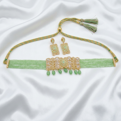 Elegant Mint Green Beaded American Diamond Choker Necklace Set with Back Chain Rope and Matching Earrings