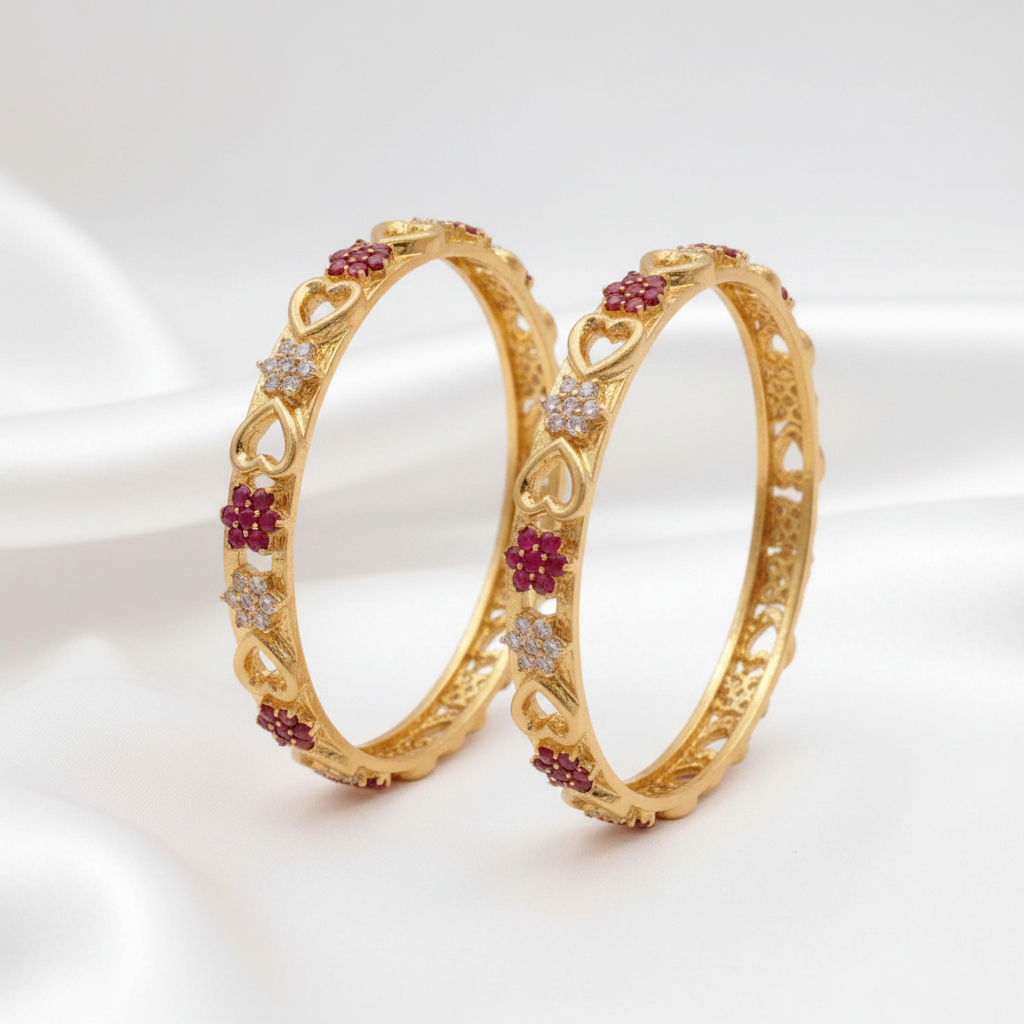 Gold Plated Ruby & White Stone Floral Heart Designer Bangle Set