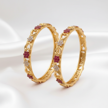 Gold Plated Ruby & White Stone Floral Heart Designer Bangle Set