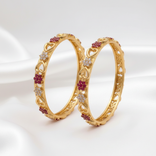 Gold Plated Ruby & White Stone Floral Heart Designer Bangle Set