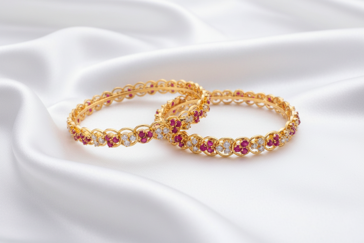 Gold Plated Ruby & White Stone Designer Bangle Set – Elegant Traditional Indian Jewelry