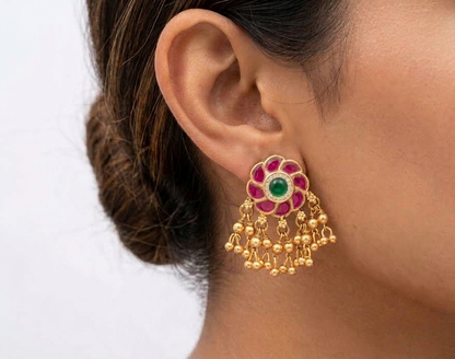 🌸 Traditional Pink & Green Kundan  Earrings | Gold-Tone Floral Earrings with Hanging Beads
