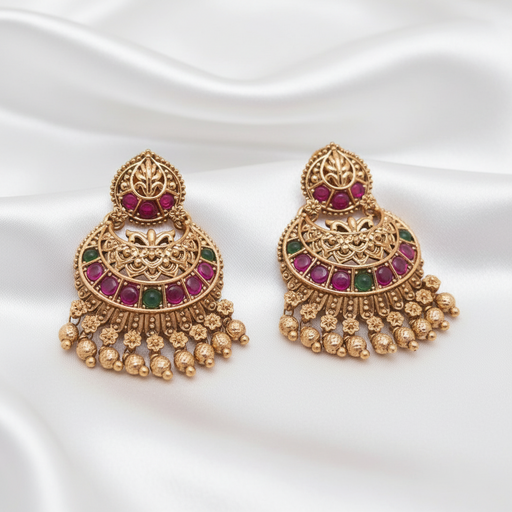 Gold-Plated Antique Paisley Stud Chandbali Earrings with Multi-Color Stones