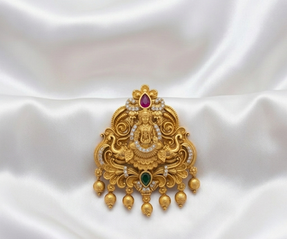 Antique Lakshmi Pendant  & Earrings Set with Ruby and Emerald Stones