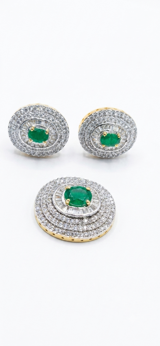 Gold-Plated CZ Green Layered Oval Pendant Set with Earrings