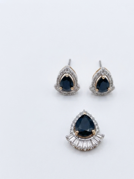 Gold-Plated CZ Black Teardrop Baguette Pendant Set with Earrings