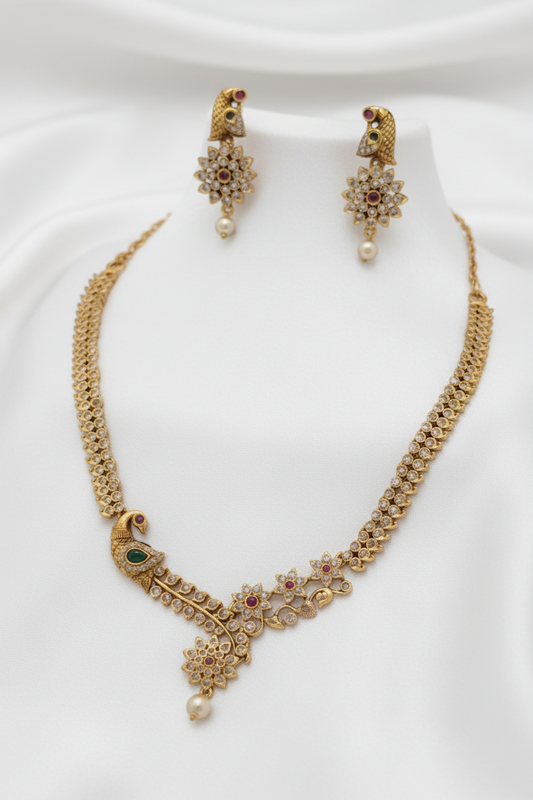 Antique Gold Plated Asymmetric Peacock Necklace Set