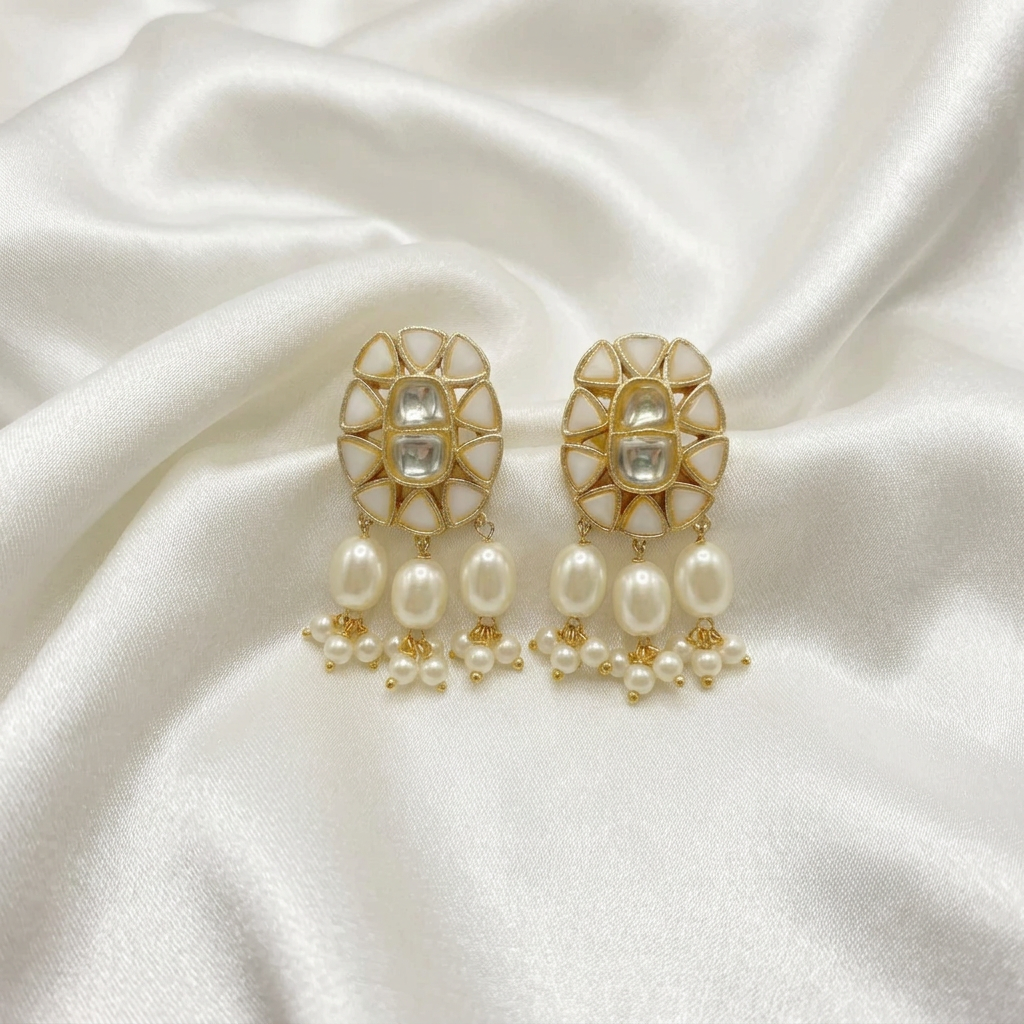 Elegant Kundan & Pearl Drop Earrings | Traditional Oval Studs