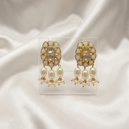 Elegant Kundan & Pearl Drop Earrings | Traditional Oval Studs