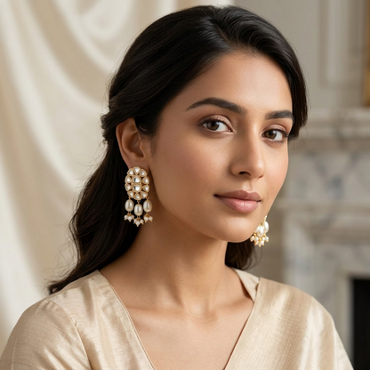 Elegant Kundan & Pearl Drop Earrings | Traditional Oval Studs