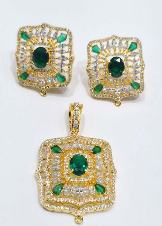 Gold-Plated CZ Green Rectangular Frame Pendant Set with Earrings