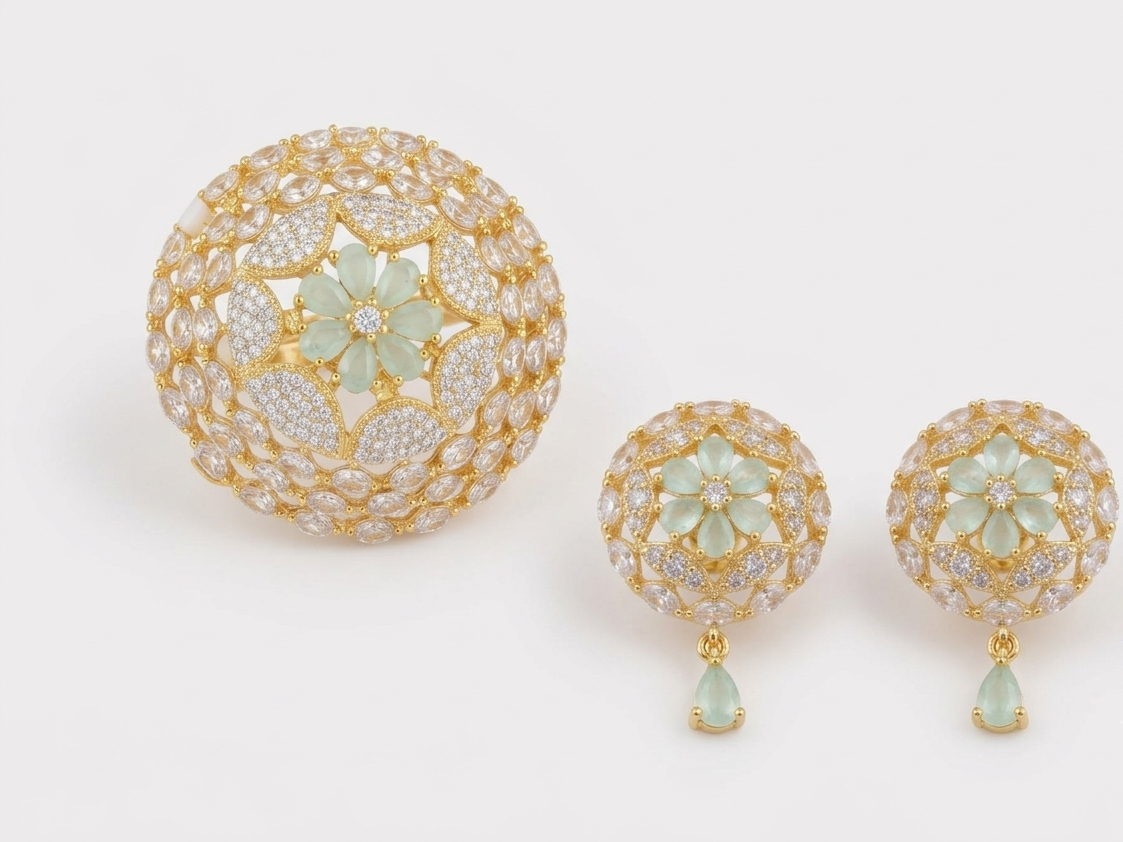 Gold-Plated CZ Mint Green Dome Design Mugappu Set with Earrings