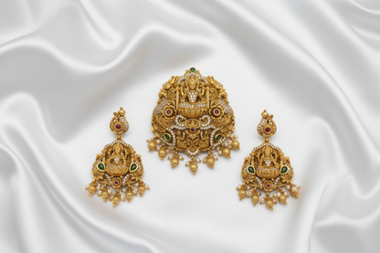 Antique Lakshmi Devi Temple Jewellery Pendant & Earrings Set – Gold Plated