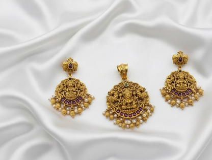 Lakshmi Pearl Temple Necklace Set with Matching Jhumka Earrings