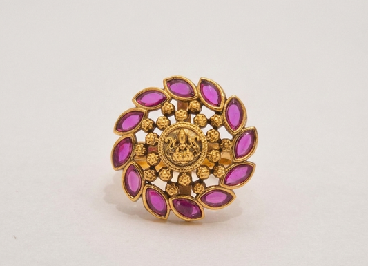 Traditional Temple Design Floral Cluster Ruby Finger Ring