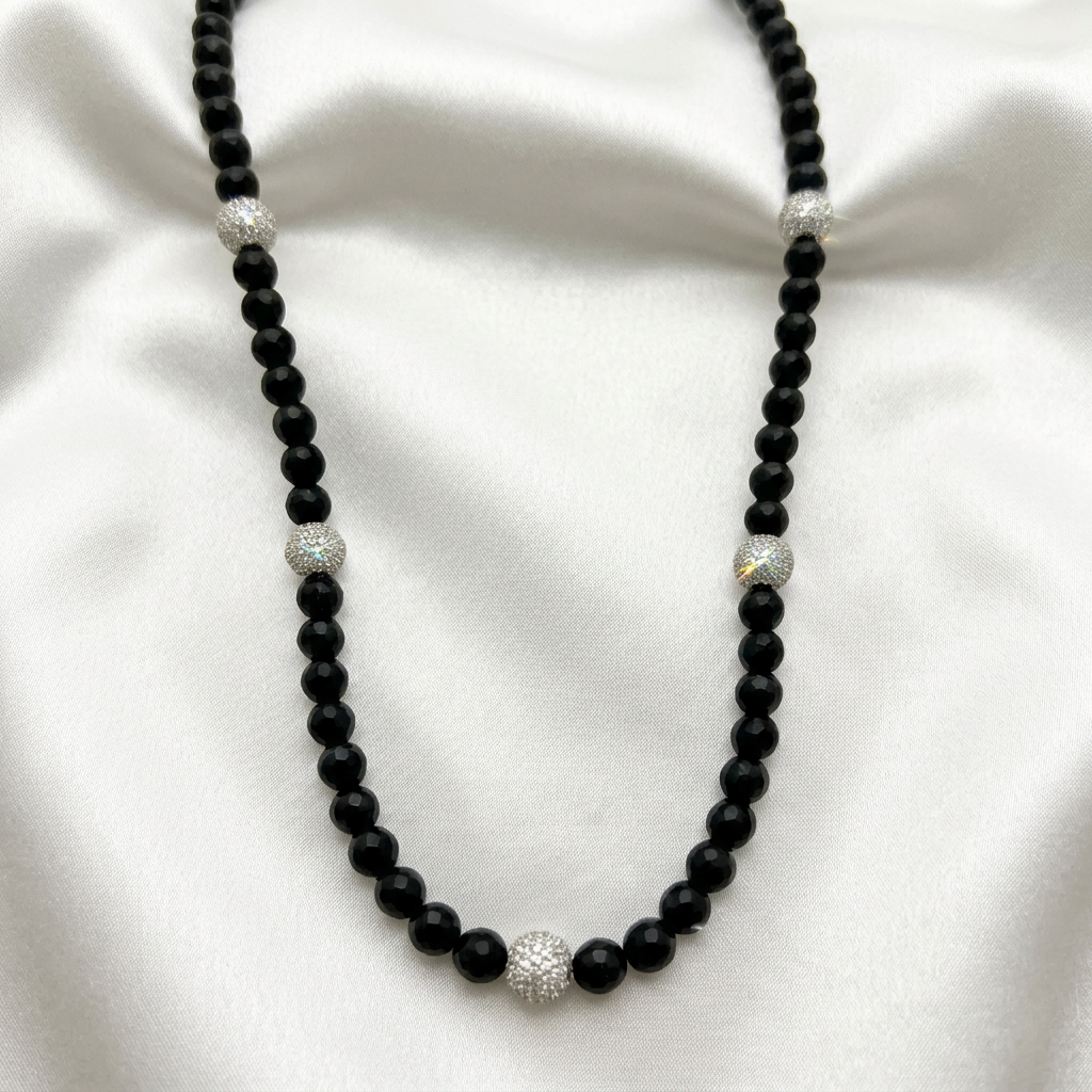 Elegant Black Beaded Long Necklace with Pavé CZ Spacer Balls & Gold Clasp
