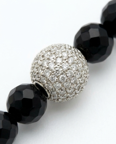Elegant Black Beaded Long Necklace with Pavé CZ Spacer Balls & Gold Clasp