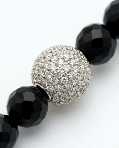 Elegant Black Beaded Long Necklace with Pavé CZ Spacer Balls & Gold Clasp