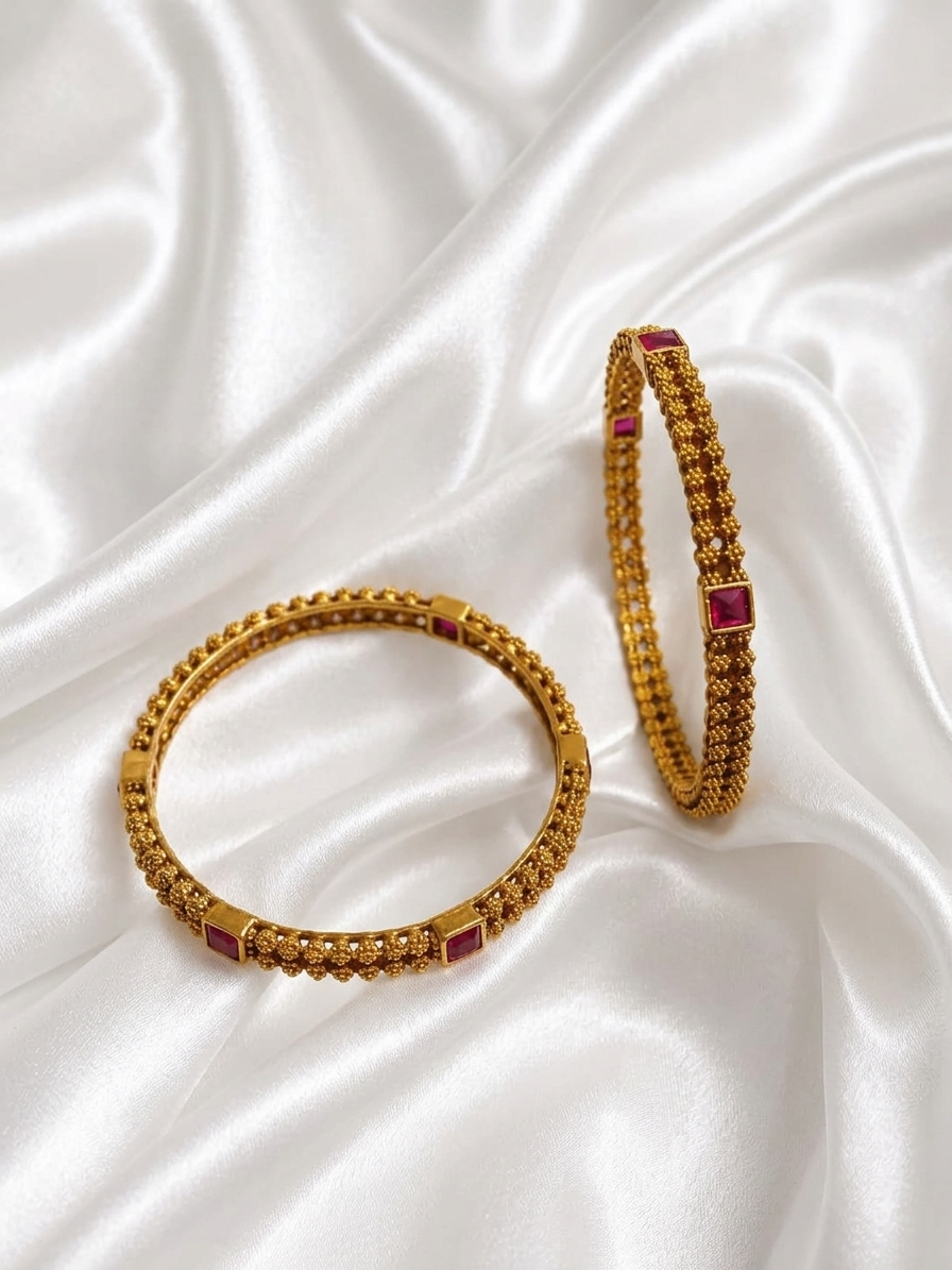 Antique Gold Plated Beaded Bangle Pair with Square Ruby Stones