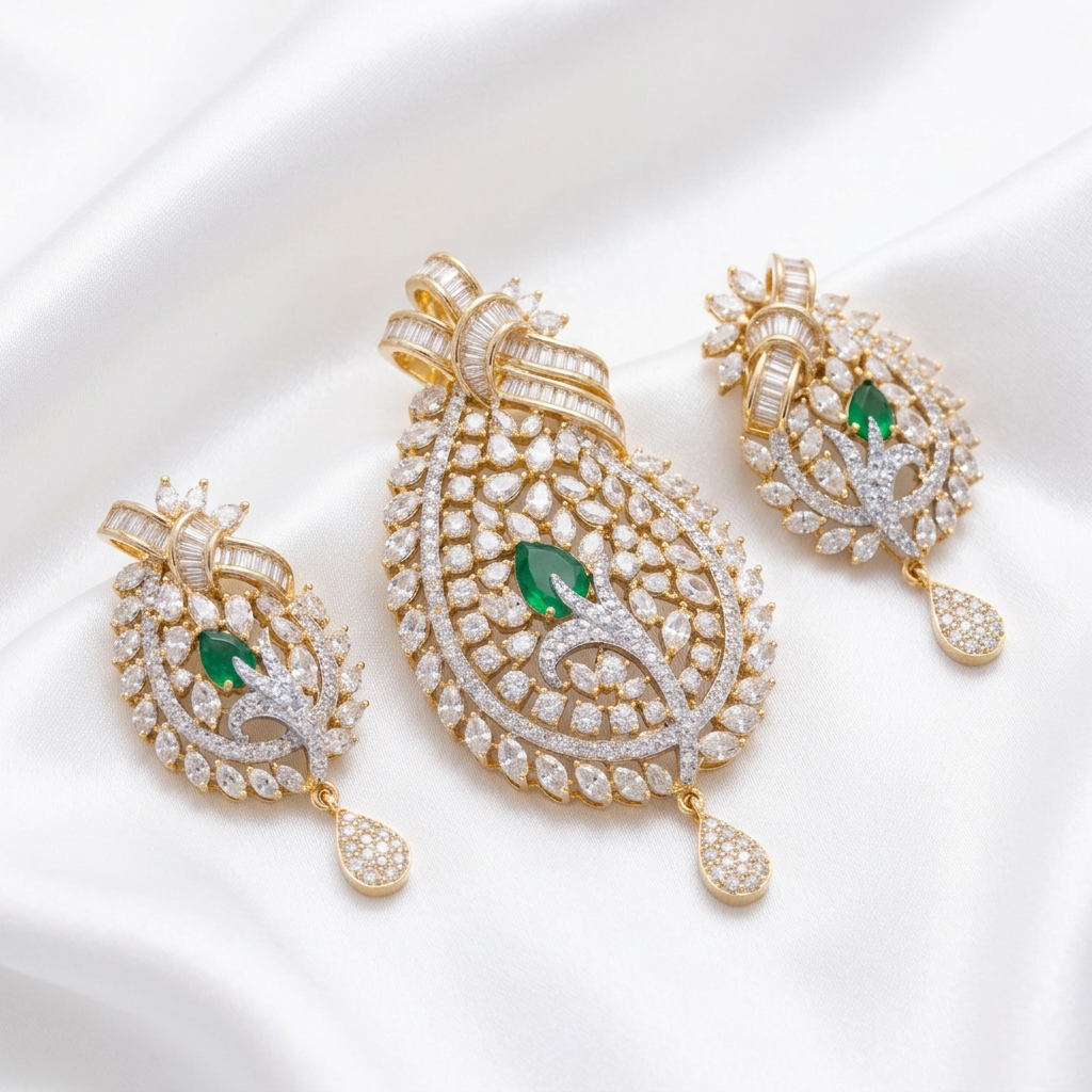 Luxurious Emerald Green & White CZ Statement Pendant with Earrings | Indo-Western Festive Wear Jewelry Set