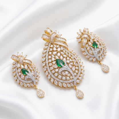 Luxurious Emerald Green & White CZ Statement Pendant with Earrings | Indo-Western Festive Wear Jewelry Set