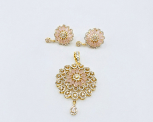 Gold-Plated CZ Peach Multi-Layer Round Pendant Set with Earrings
