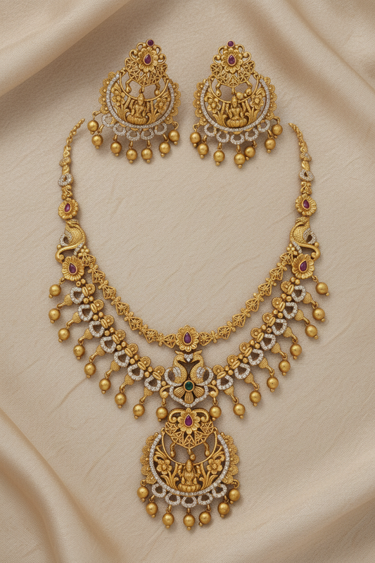 Antique Gold Plated Guttapusalu Temple Necklace Set With Drop Jhumkas